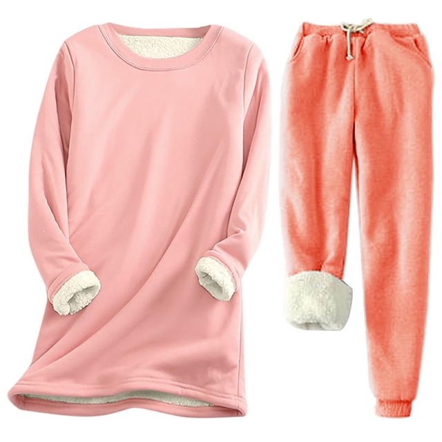 Pisexur Ensembles 2 Pcs pour Femmes Ensembles de Pyjama en Molleton Chaud pour Femmes 2 Pcs Chandail à Col Rond Pantalon de Pyjama Ample Vêtements de Détente Décontractés Tenues d'Hiver Surdimensionnées Grande Taille P-5TG