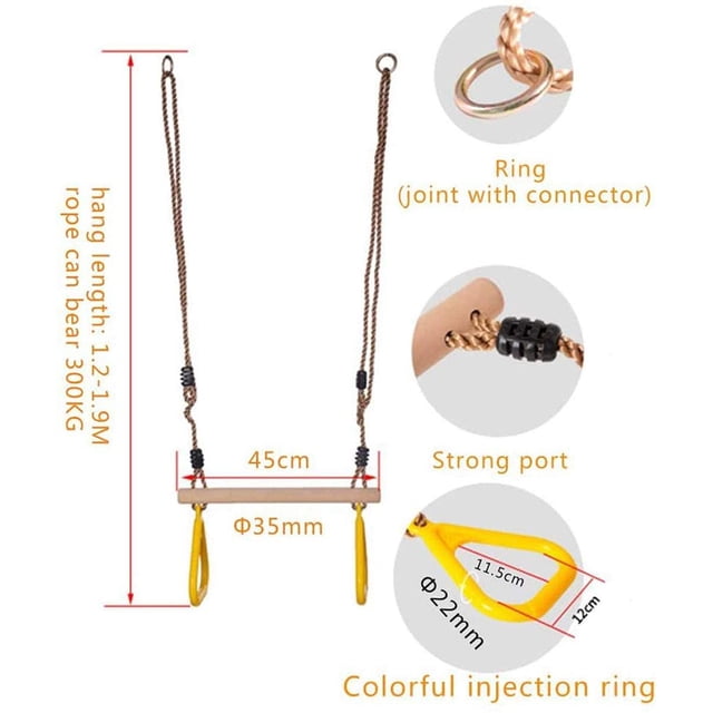 Wooden Trapeze Swing Bar With Adjustable Rope, Playset For Kids And Adults, Indoor And Outdoor Use, Easy Installation
