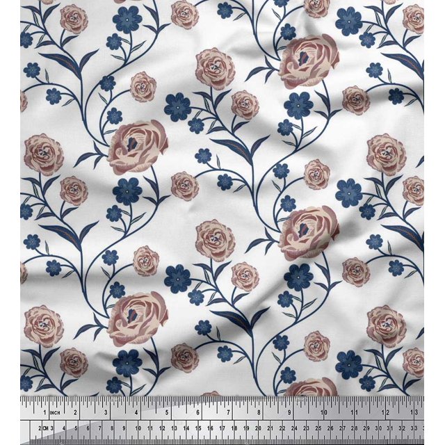Soimoi Tissu Satin Soie Feuilles & Roses Imprimé Floral 1 Yard 42 Pouces de Large