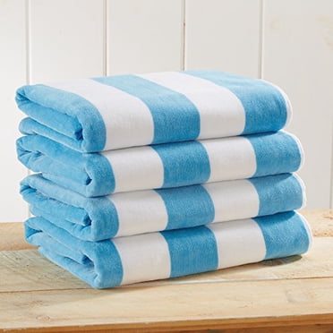 Lot de 4 Serviettes de Plage en Velours Peluche 100 % Coton. Serviettes de Piscine à Rayures Cabana pour Adultes. (Bleu Air, Lot de 4 - 30 Pouces x 60 Pouces)