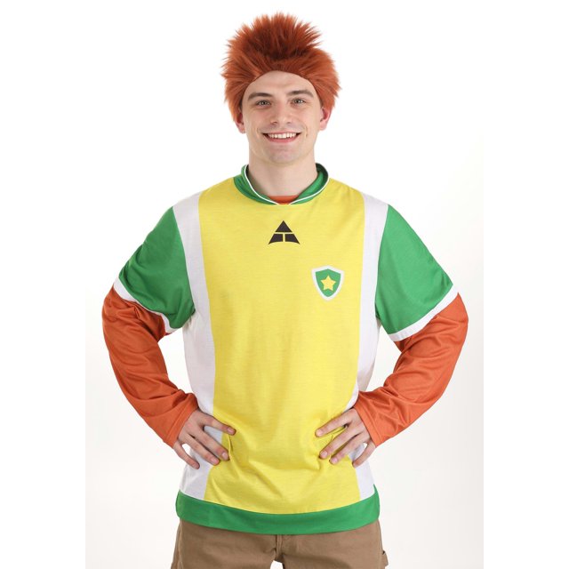 Adult Hotel Transylvania Johnny Halloween Costume Kit featuring a multicolour long-sleeved pullover shirt with printed graphics and a synthetic orange wig on a mesh cap. The shirt is made of 100% acrylic, and the wig is 100% polyester. Officially licensed and exclusively made by FUN Costumes.