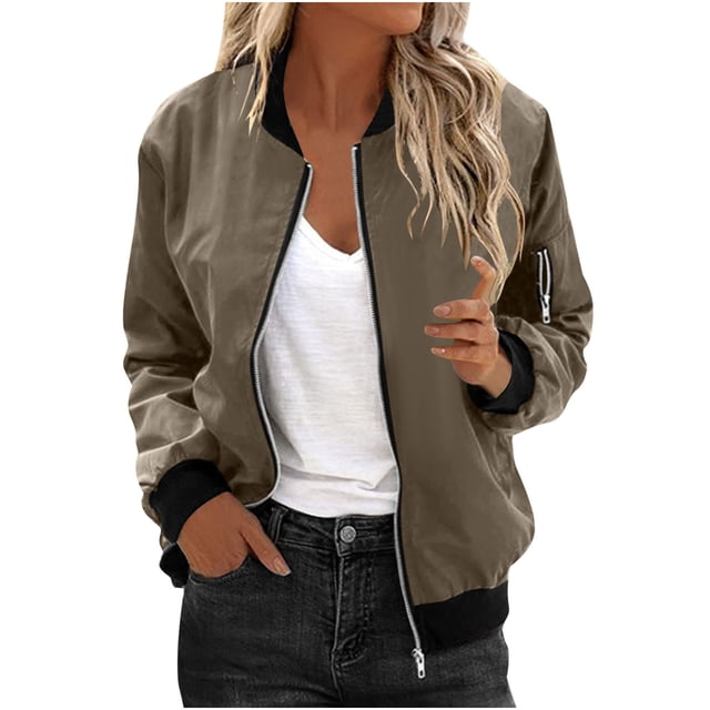 Womens Fashion Jacket Casual Stand Collar Zip Up Lightweight Coat Fall Color Block Jackets with Pockets Brown XL