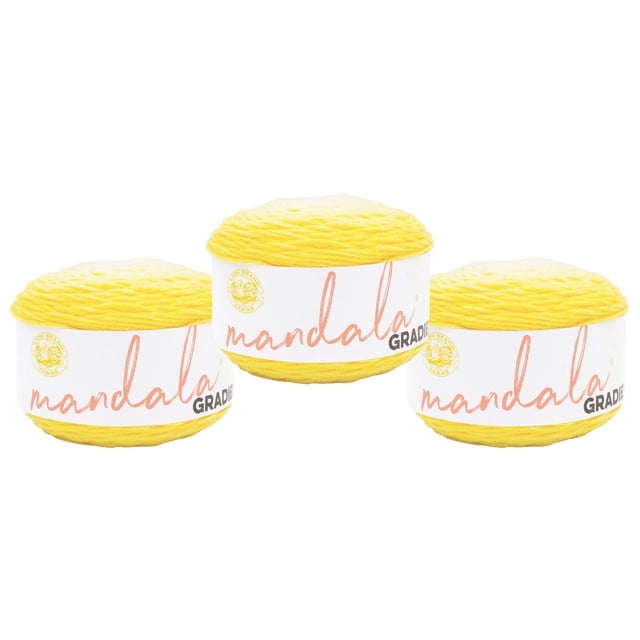 Lion Brand Mandala® Gradient Yarn #4 Medium/Worsted Yarn 150g/270m 3-Pack with three yellow gradient yarn cakes wrapped in white labels featuring the Mandala logo, made of 90% acrylic and 10% nylon, machine washable, suitable for knitting, crochet, and home décor projects.
