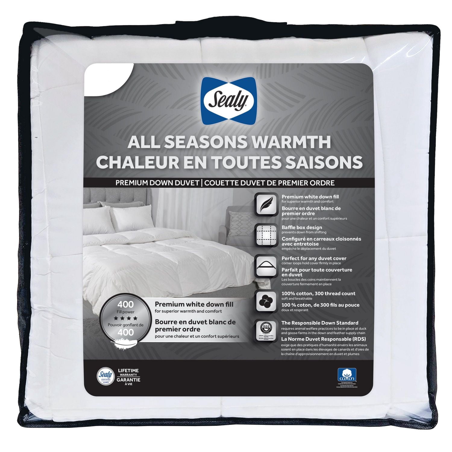 Couette en duvet toutes saisons Sealy, taille King – Housse en coton à carreaux cloisonnés (baffle box), garnissage en plumes et duvet.