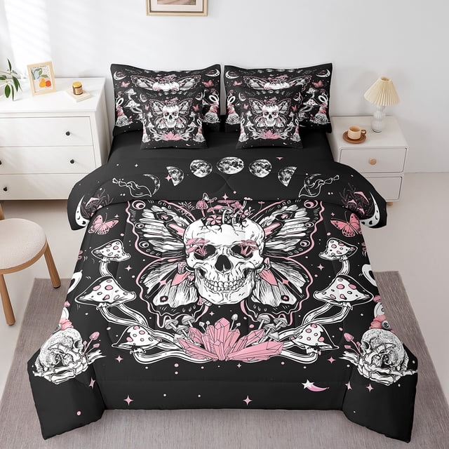YST Gothic Skull Bed in a Bag Hippie Butterfly Bedding Set 7pcs, Full