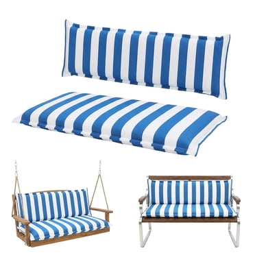 Aoodor Outdoor 3 Seater Bench Cushion Set with Backrest for Patio Swing and Bench, 59 x 18 Inch Flanged Patio Swing Cushion for Deck, Porch, Backyard, Garden, Blue Stripe