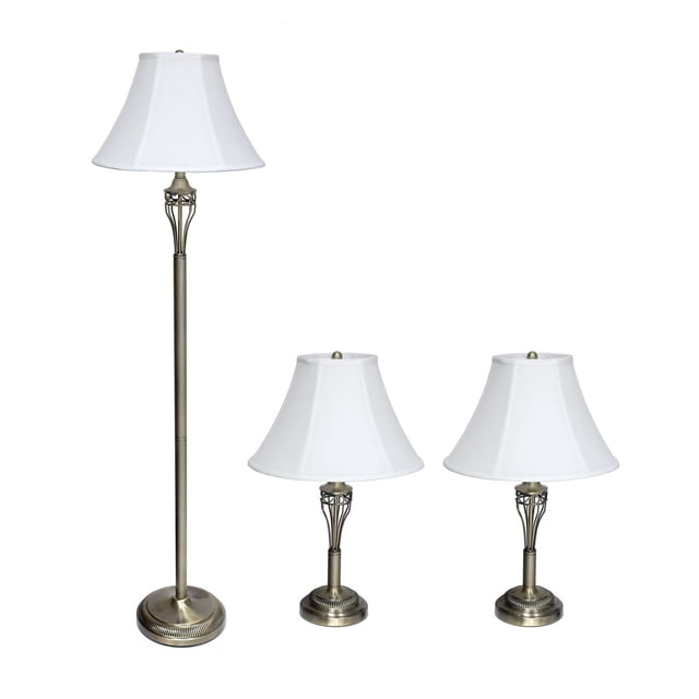 Elegant Designs Antique Brass Three Pack Lamp Set includes two table lamps (25.5" height, 16" shade diameter) and one floor lamp (60" height, 16" shade diameter), each with white fabric shades and antique brass finish, ideal for coordinated home lighting and décor.