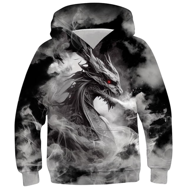 Zwiiyzr 2025 4-14 Ans Garçons Sweat à Capuche Oversize Motif Manches Longues T-Shirt Imprimé Col Rond Noir