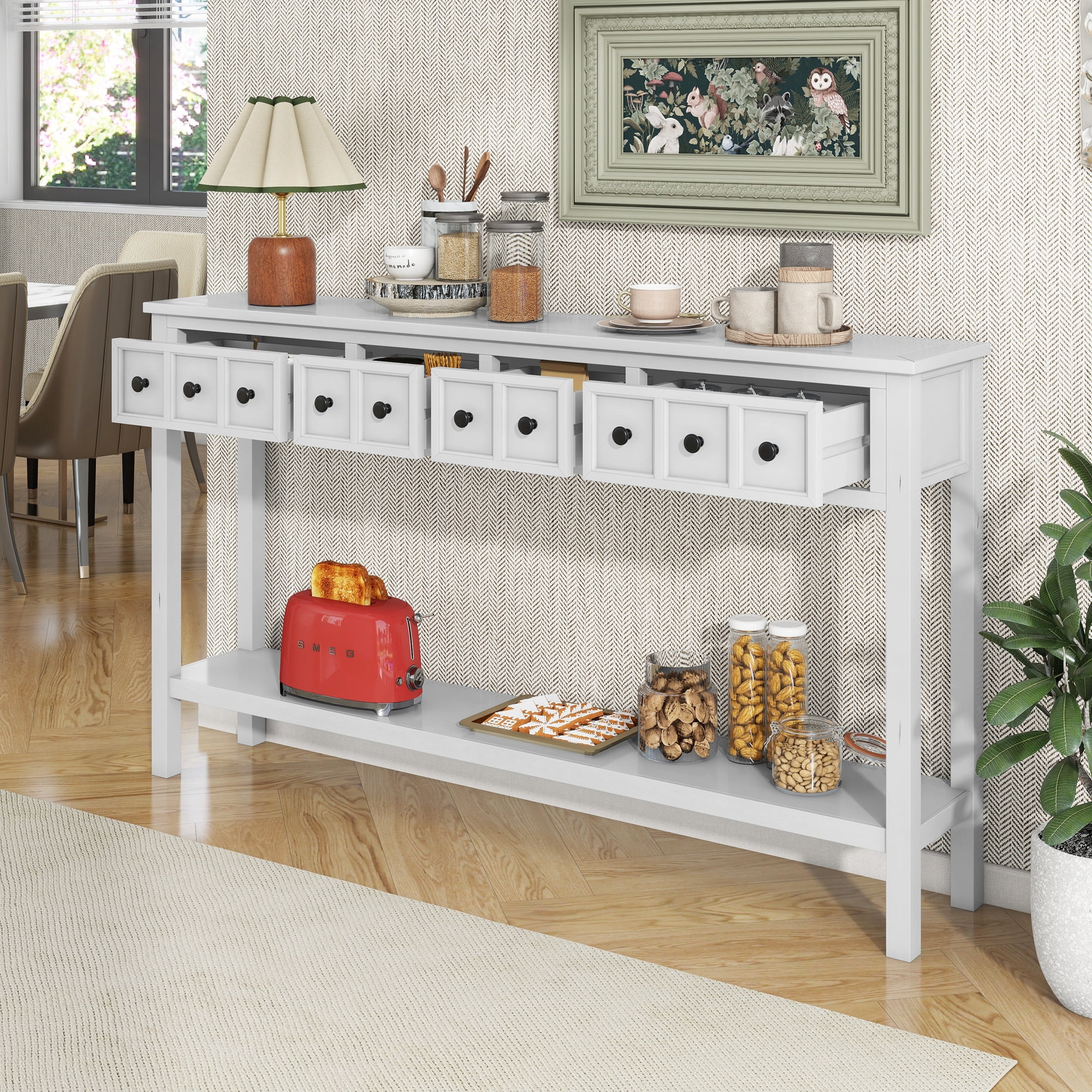 Noble House Rustic Entryway Console Table, 60" Table with two Different Size Drawers and Bottom Shelf for Storage ,Antique White