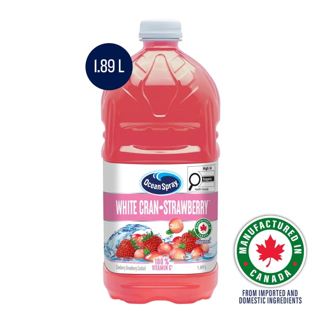 Ocean Spray White Cran-Strawberry 1.89L. Mix of White Cranberry and Strawberry Juices, 100% Vitamin C per Serving. Manufactured in Canada from Imported and Domestic Ingredients. Contains No allergens