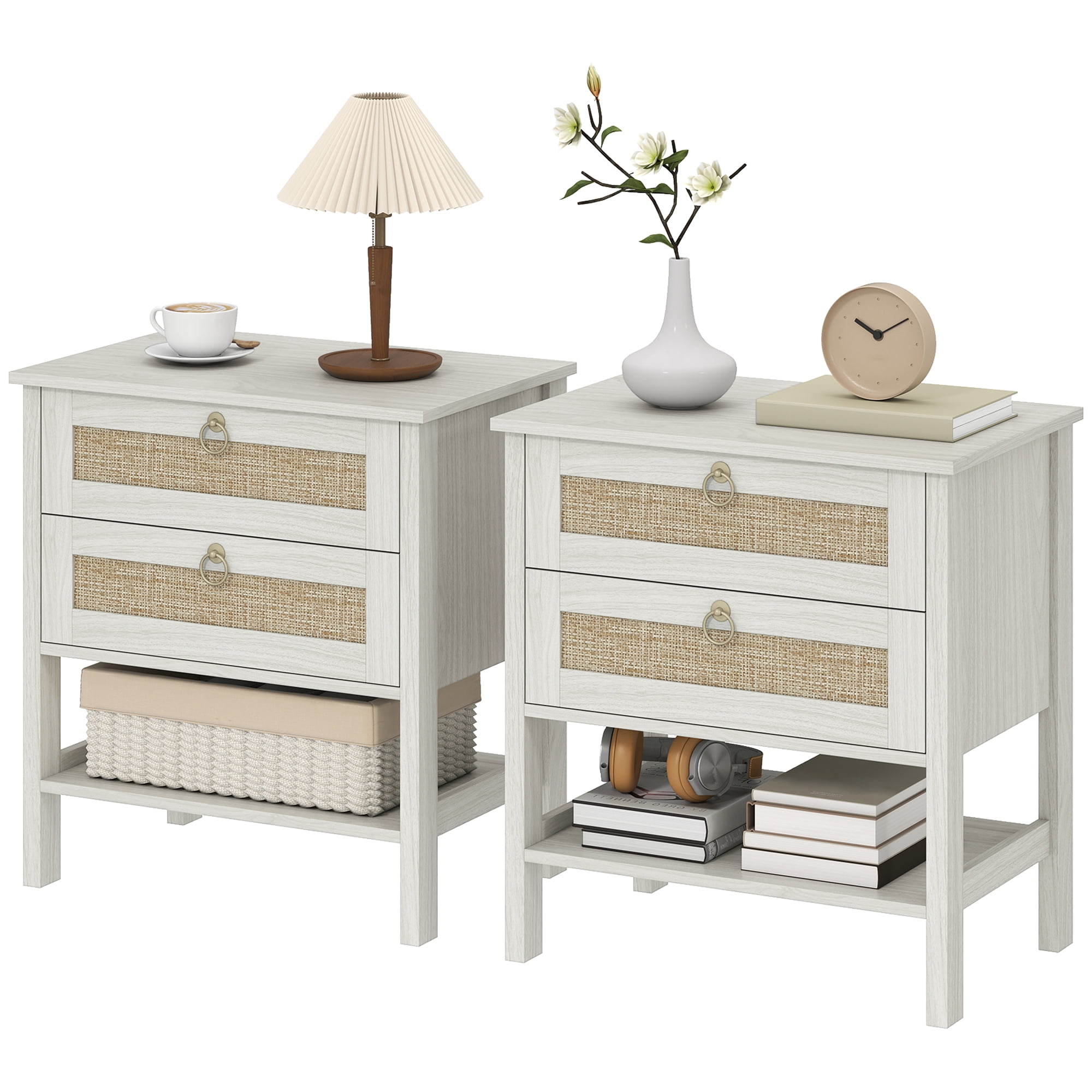 CoSoTower Set of 2 Boho Bedside Tables, Rattan Nightstands with 2 Drawers, Storage Shelf, End Side Tables for Bedroom, White Oak