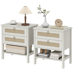 CoSoTower Set of 2 Boho Bedside Tables, Rattan Nightstands with 2 Drawers, Storage Shelf, End Side Tables for Bedroom, White Oak
