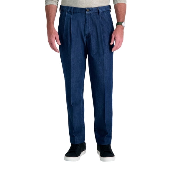 Haggar Men's Stretch Denim Expandable Waist Classic Fit Pleat Front Pant, Medium Blue, 40Wx34L