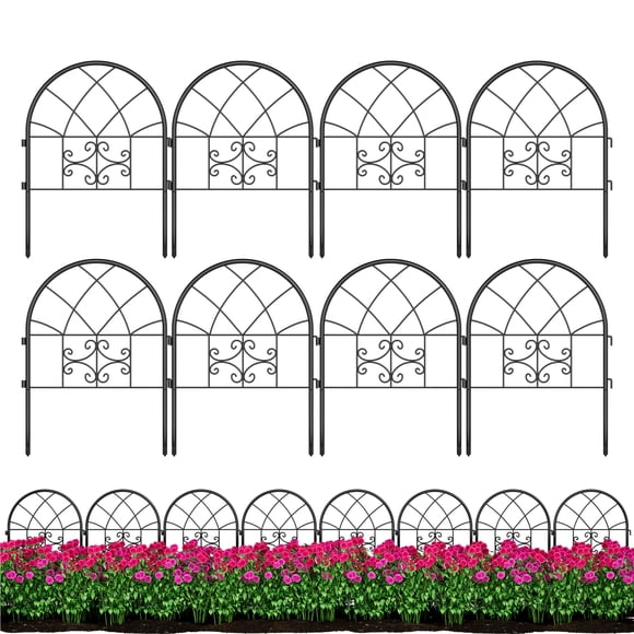 Elegant Metal Garden Fence Panels - Outdoor Decorative Perimeter, Rustproof, No Dig Installation for Landscaping, Yard & Pathway - Black, 8PCS