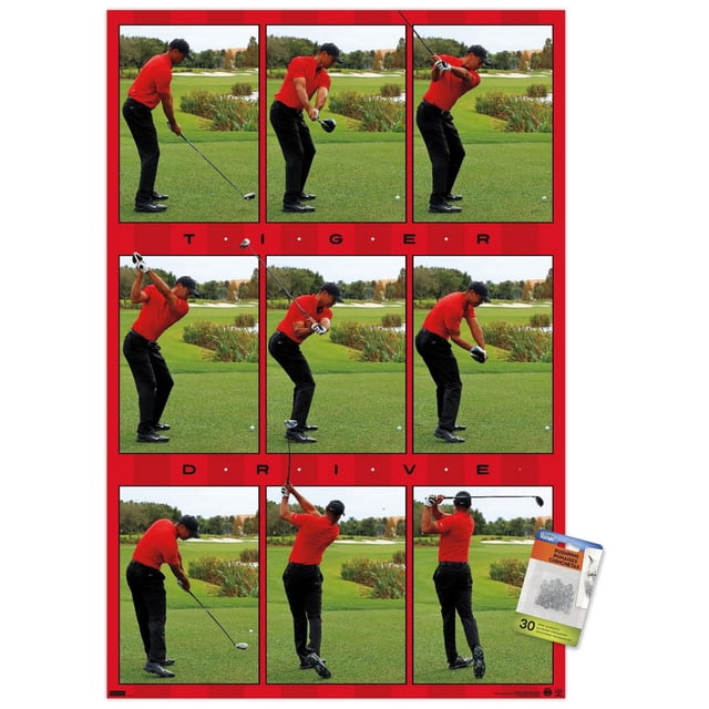 Tiger Woods - Affiche Murale Drive, 22,375 Po x 34 Po, Affichant Neuf images Séquentielles d'Un Golfeur avec une Chemise Rouge et un Pantalon Noir Exécutant une Balançoire Drive sur un Terrain de golf Vert avec des Arbres et des Buissons en Arrière-Plan, Encadrée d'Une Bordure Rouge avec le Texte « Tiger Drive » entre les Rangées.