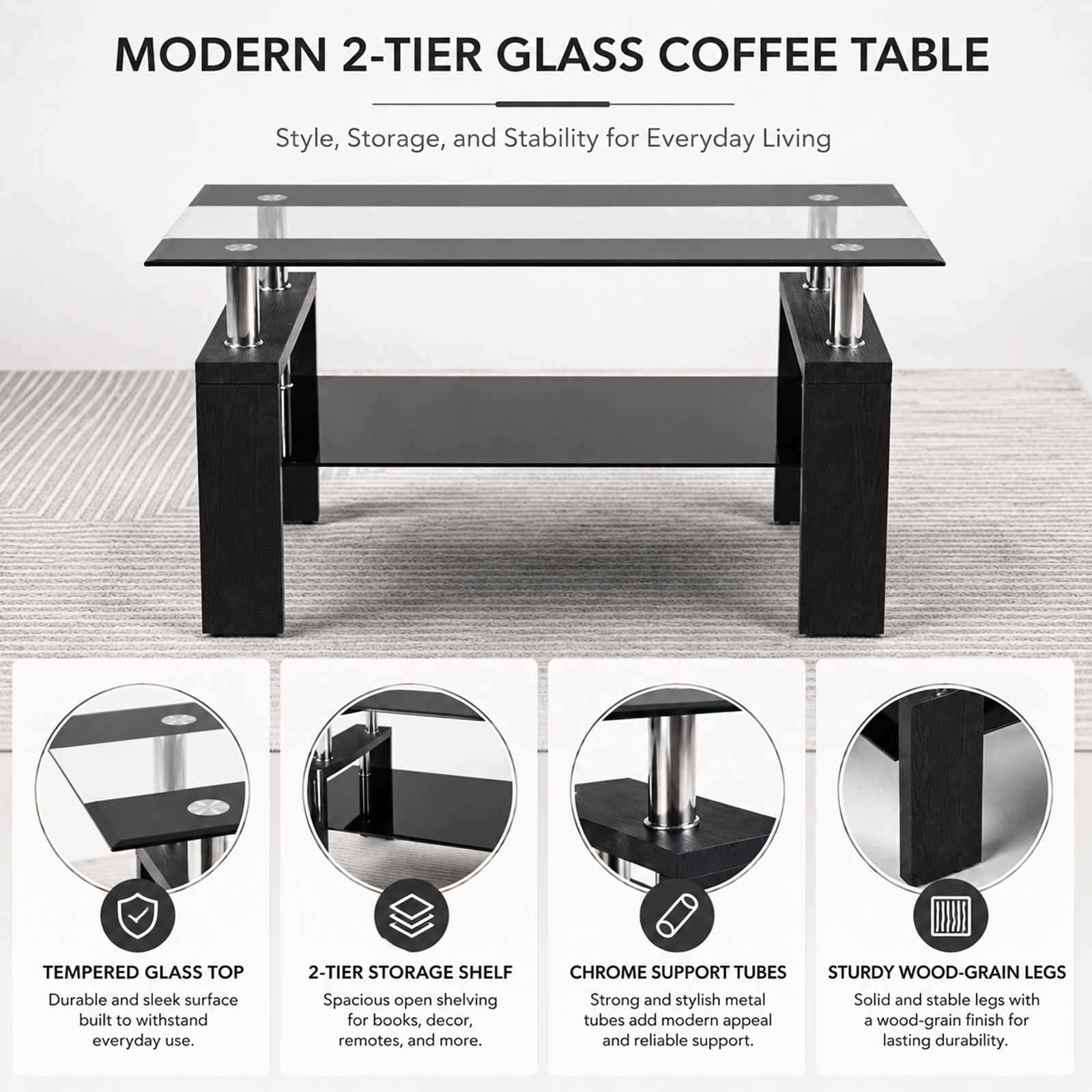 Noble House Modern Rectangular Tempered Glass Coffee Table,Double-Layer Glass Top with Sturdy Black Legs,34.45" Compact,Black