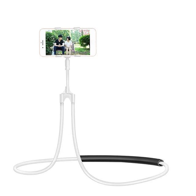 Neck Phone Holder Neck Phone Mount Neck Phone Stand Flexible Neck Phone Holder Mobile Phone Holder Hanging On Neck Multifunction Flexible Adjustable For Bed Sofa Car. Made of PP and steel, it features a flexible design with a soft, shockproof sponge for neck comfort. Displayed in white with a black padded section, it holds a smartphone in landscape orientation. Ideal for hands-free use on the bed, sofa, or car.
