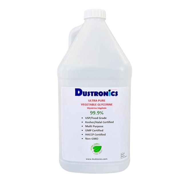 Dustronics Ultra Pure Vegetable Glycerin 99.9% USP Food Grade, 4 litres. A clear, odourless, and tasteless liquid in a white plastic container with a locking cap. The label highlights its non-GMO, kosher/halal certification, and multi-purpose use. Made from 100% organic vegetable-based palm oil, it is cosmetic and pharmaceutical grade. Packaged and shipped from Canada.