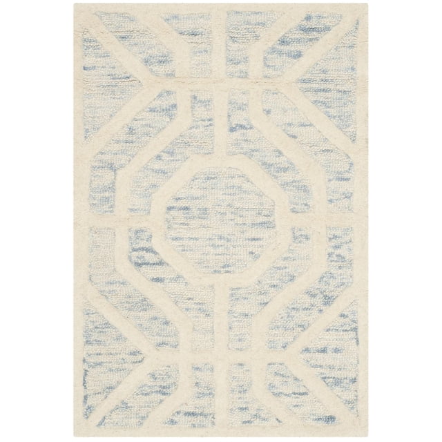 Safavieh Cambridge Johan Geometric Area Rug in cream and light blue featuring hand-tufted wool with plush cut pile and high/low loop texture, designed for home or office use and suitable as a decorative accent rug.