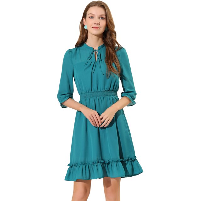 INSPIRE CHIC Women's Layered Ruffle Hem 3/4 Sleeves Smocked Chiffon A-Line Dress XS Lake Green