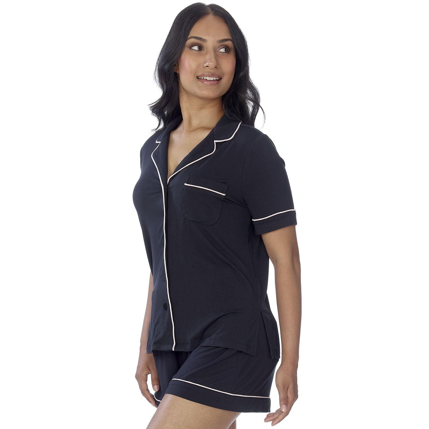 Secret Sleep Short Sleeve Button Top with Piping - Online exclusive