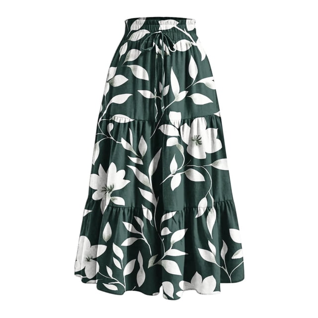 Bocqde Women's Boho Maxi Skirts Summer Fashion Casual Drawstring Elastic High Waist Long Skirt Solid Color Flowy A Line Ruffle Swing Skirt