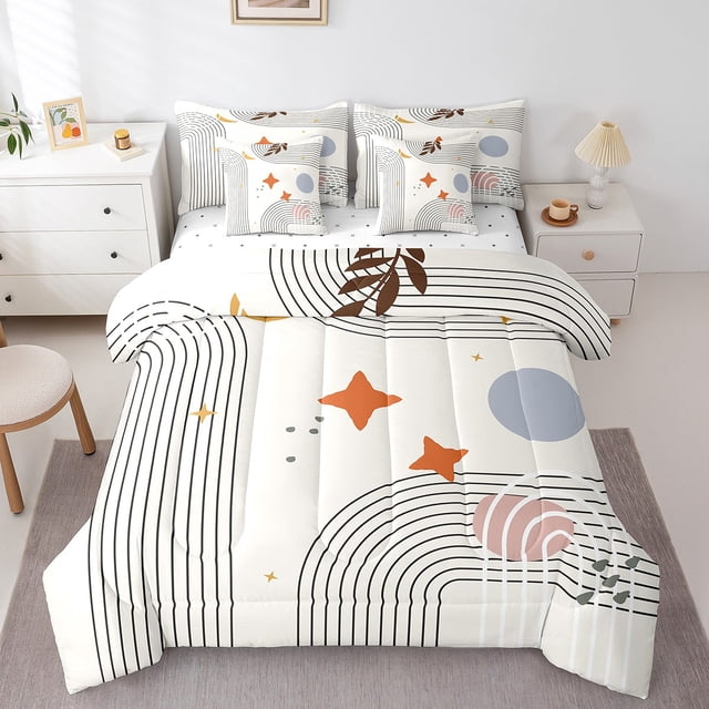 YST Abstract Red Sun King Comforter Set, 7-Piece, Geometric Lines, Modern, Aesthetic, Vintage, Minimalist, Grey, Circle, Bedding Set, King