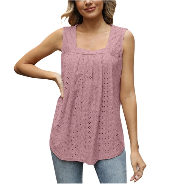 Dealovy Womens Eyelet Tank Tosps Summer Loose Square Neck Sleeveless Loose Beach Flowy Tunic Tops