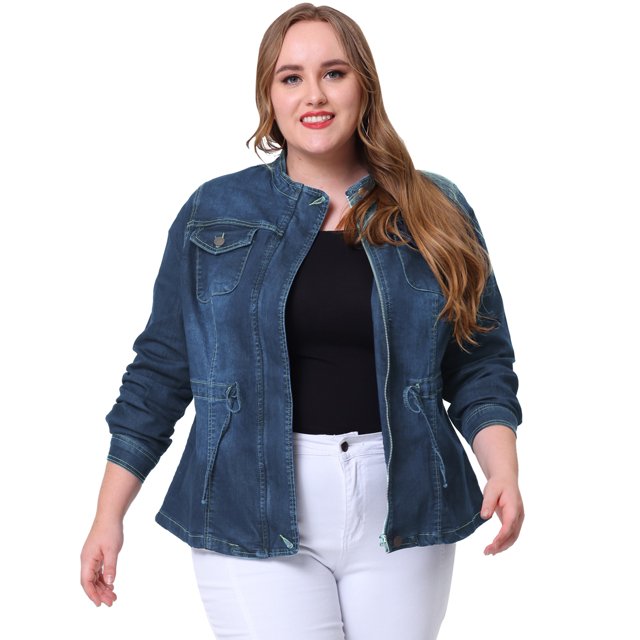 GRACE & GRANDEUR Women's Plus Size Stand Collar Zip Closure Drawstring Denim Jacket Navy Blue 1X