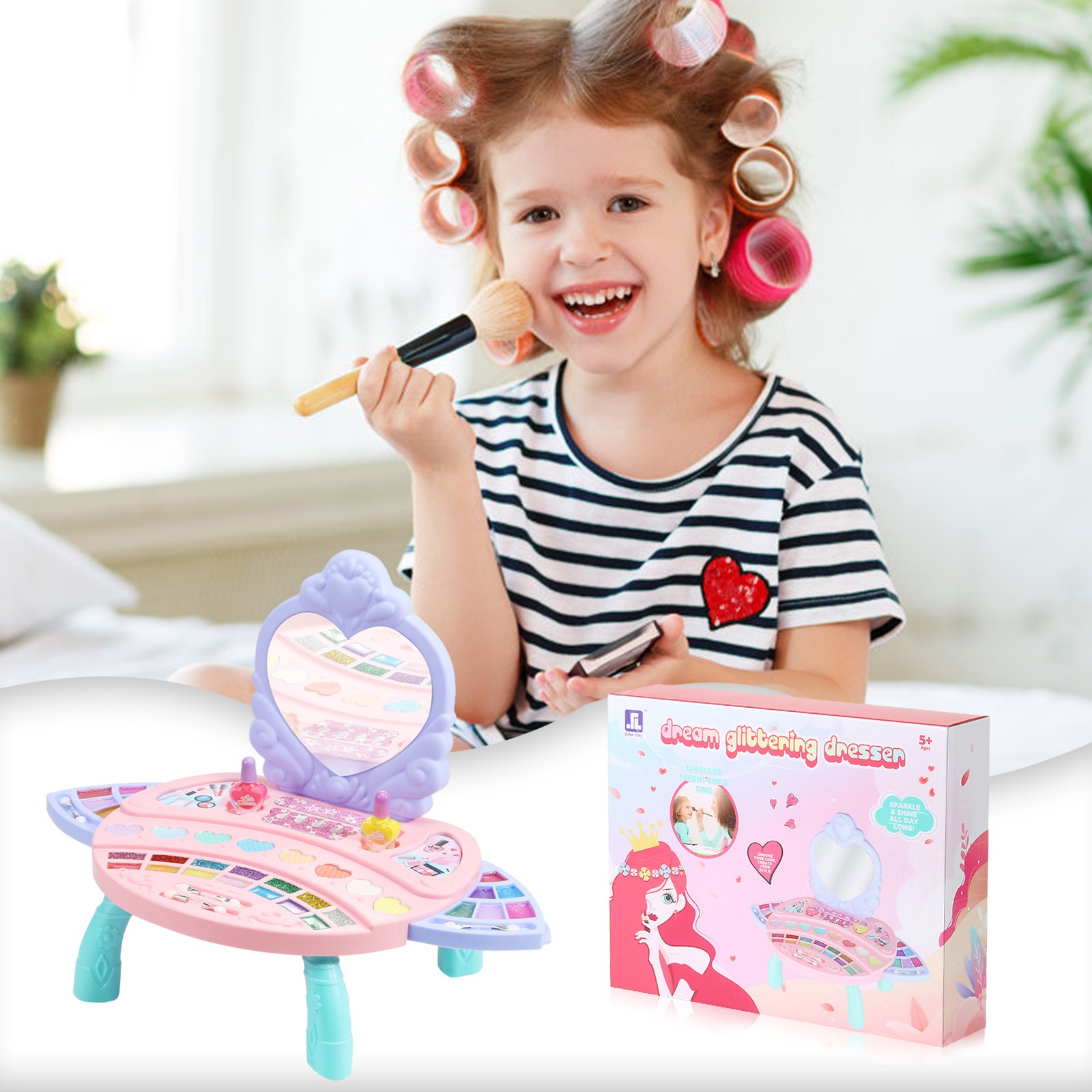 ZZkhGO Kids Make Up Table Set, Washable Cosmetic Bag, Pretend Play Makeup Kit for Girls Ages 3-12