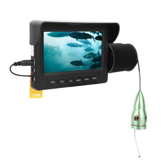 Fishes Finder, LED Brightness Adjustment Portable Fish Finder Camera with a 15m cable, featuring a 4.3-inch TFT color monitor with sun-visor, HD 1000 TV lines camera, and 6 high-power IR LEDs for night vision. The camera is waterproof with an aluminum alloy fish model design and a 165-degree viewing angle. Suitable for ice fishing, underwater exploration, and aquaculture monitoring.