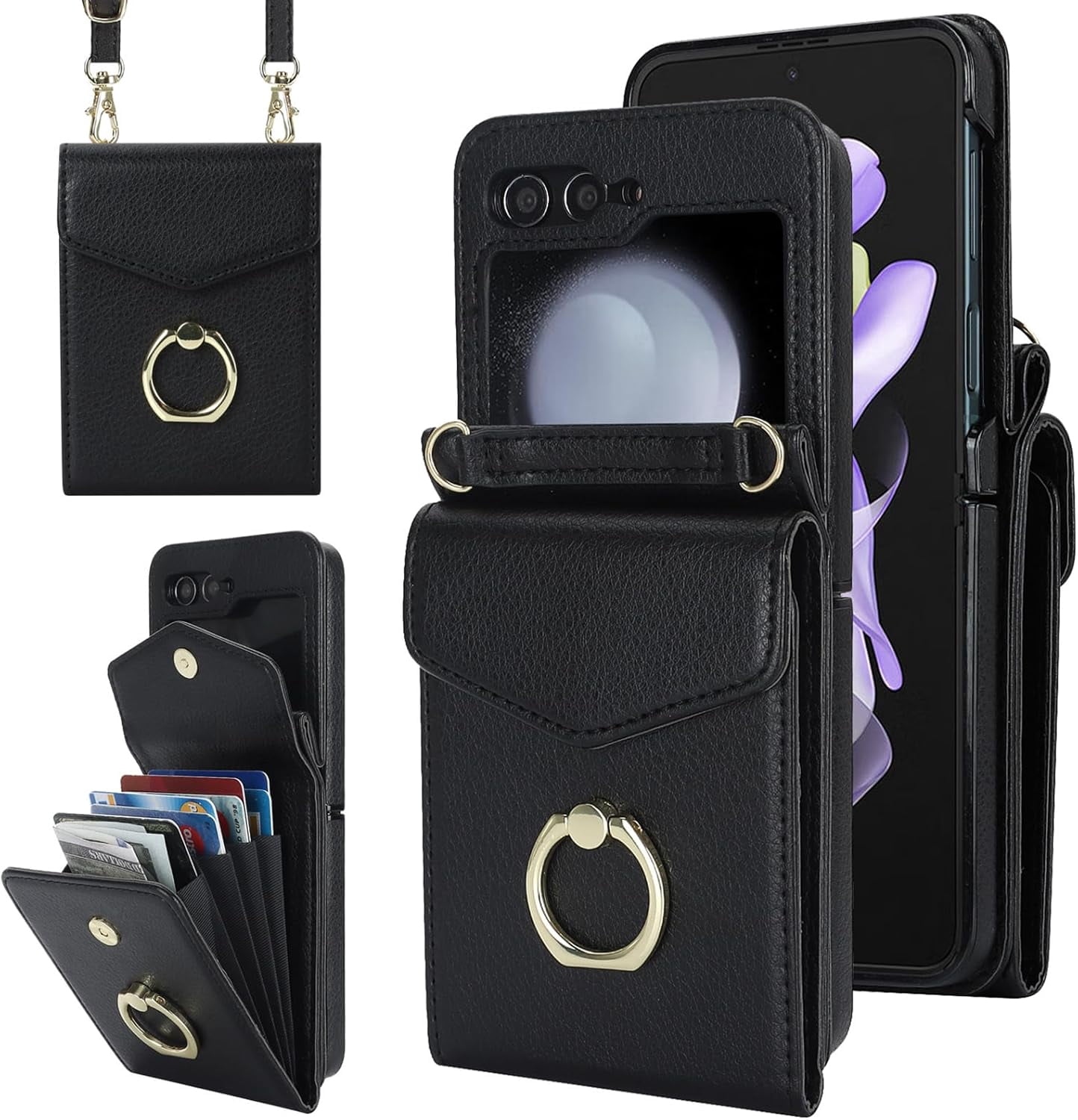 MYKOMI Crossbody Wallet Phone Case for Samsung Galaxy Z Flip 6 5G 2024 Leather Case with Card Holder & 360° Ring Kickstand Purse Cover Magnetic Closure Flip Handbag Shell