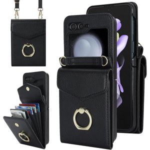 MYKOMI Crossbody Wallet Phone Case for Samsung Galaxy Z Flip 6 5G 2024 Leather Case with Card Holder & 360° Ring Kickstand Purse Cover Magnetic Closure Flip Handbag Shell
