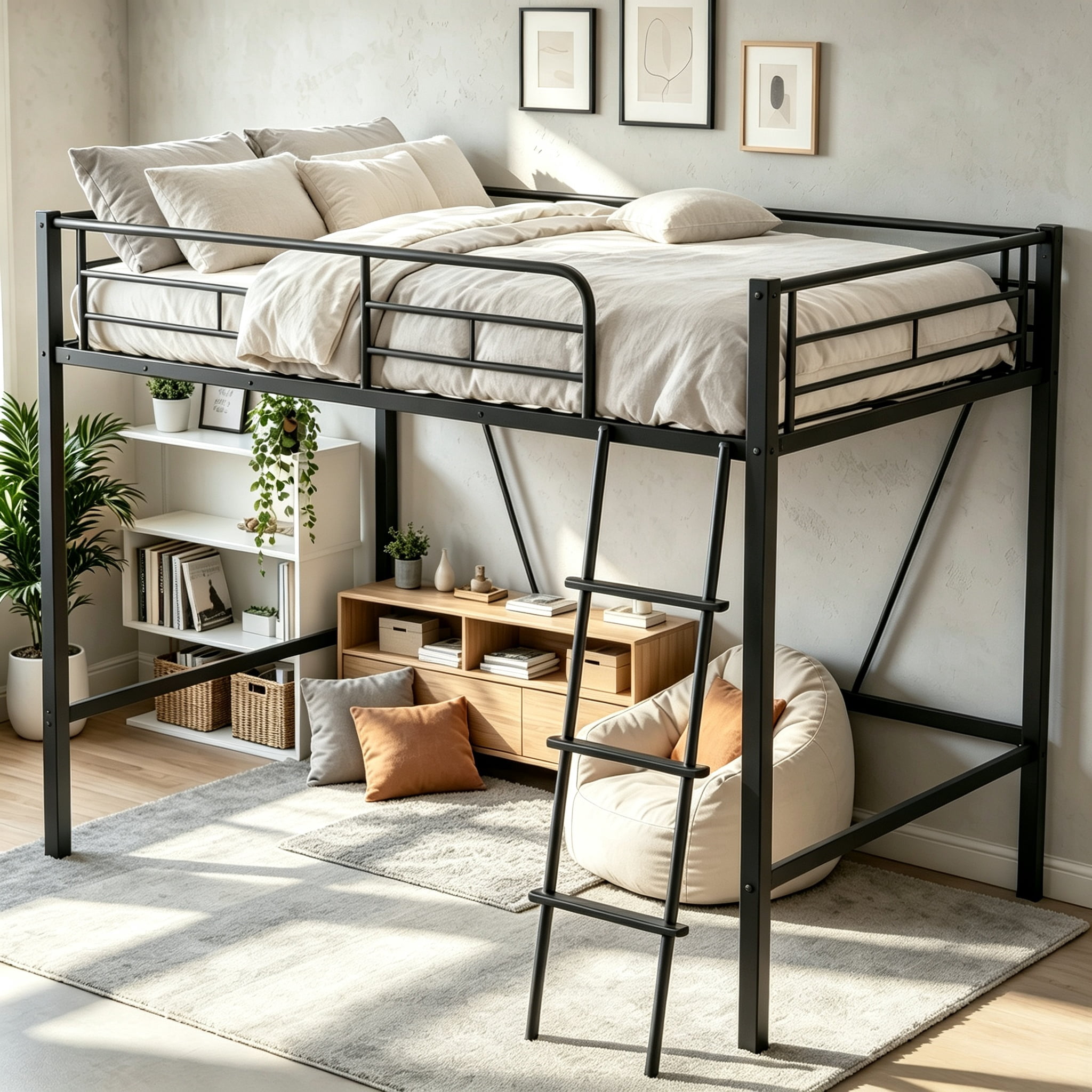 Noble House Metal Twin Loft Bed Frame,Heavy Duty Steel with Removable Ladder & Full Guardrail,Under-Bed Space No Box Spring,Black