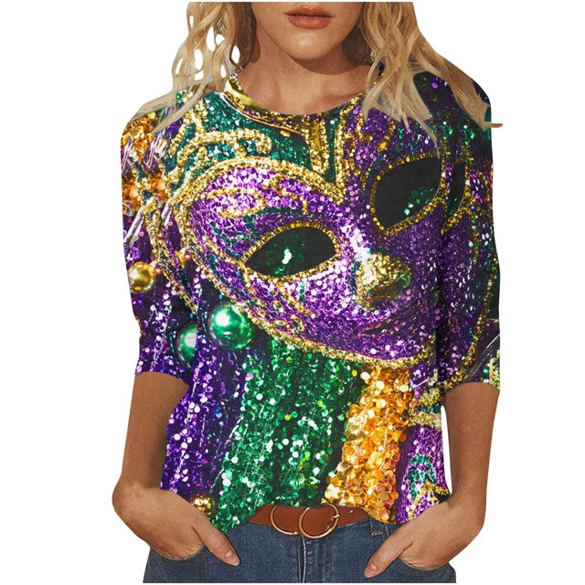 Penkiiy Blouse de Carnaval pour Femmes Mardi Gras Mode Imprimé Décontracté Col Rond Manches 3/4 T-shirt Blouse 3TG Multicolore