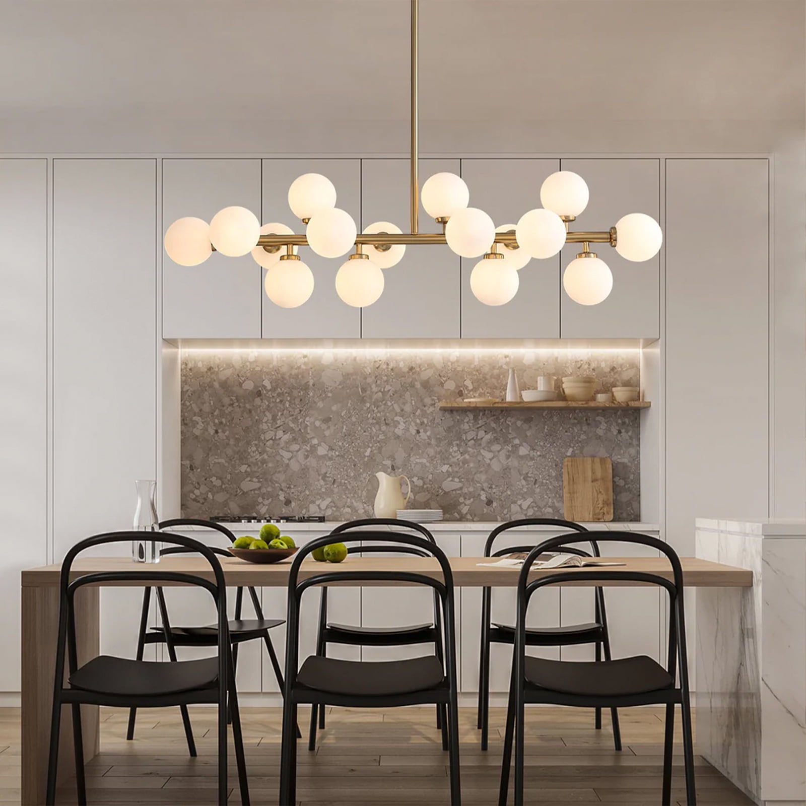 Heavenly Collections | Lustre Linéaire Moderne Multi-Lumières (16 lumières) - Suspension Or Brossé Style Mid-Century - Plafonnier Contemporain avec Sphères en Verre Opale