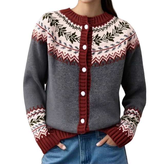 Fair Isle Sweater Cardigans Women Plus Size Vintage Ethnic Button Front Cardigan Long Sleeve Fall Knitted Boho Tops Wine, 5XL