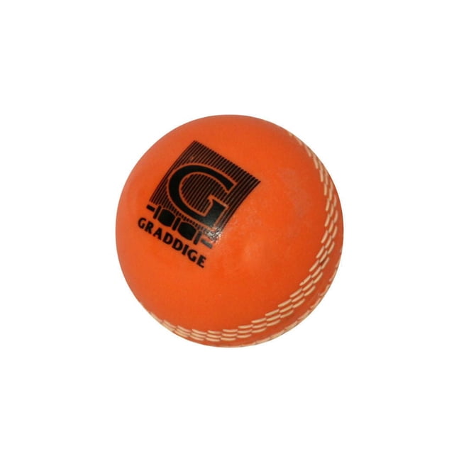 Graddige Orange Plastic Cricket Ball with PU center, bright orange with white stitched seam and black Graddige logo, designed for senior cricket players, also suitable for casual practice sessions.