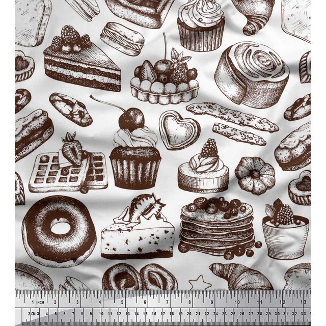 Soimoi Modal Satin Fabric Cupcake,Donut & Cookies Food Decor Fabric Printed Yard 42 Inch Wide