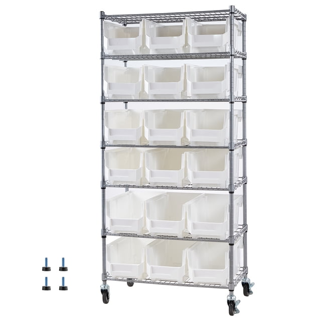 KFFKFF 7-Tier Rolling Bin Storage Rack, 18 Organizer Bins, Bin Rack Storage Steel Wire Shelving System with Wheels, Mobile Tool Organizer for Garage, Warehouse, Office, Restaurant