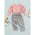 thumbnail image 3 of Faithtur Toddler Kids Girls 3 Pieces Outfits, Solid Color Ribbed Round Neck Long Sleeve Tops + Plaid Long Pants + Belt Set, 3 of 8