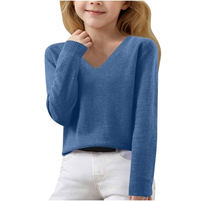 LOVZFMLL Sweaters for Girls, V-Neck Ribbed Pullover Classic Casual Solid Color, Cozy Soft Layering Top Fall Clothes Warm Winter Tops Teen Girls Clothes for 12-13 Years