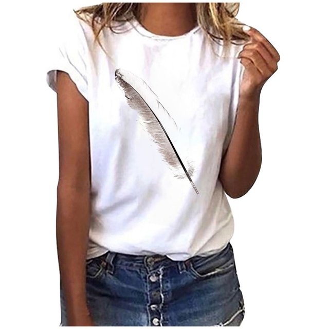 EQWLJWE Liquidation d'Économies d'Été! T-shirt à Col Rond pour Femme à Manches Courtes, Mode, Imprimé Plume, Haut T-shirt Tee Blouse, Hauts d'Été pour Femmes 2023