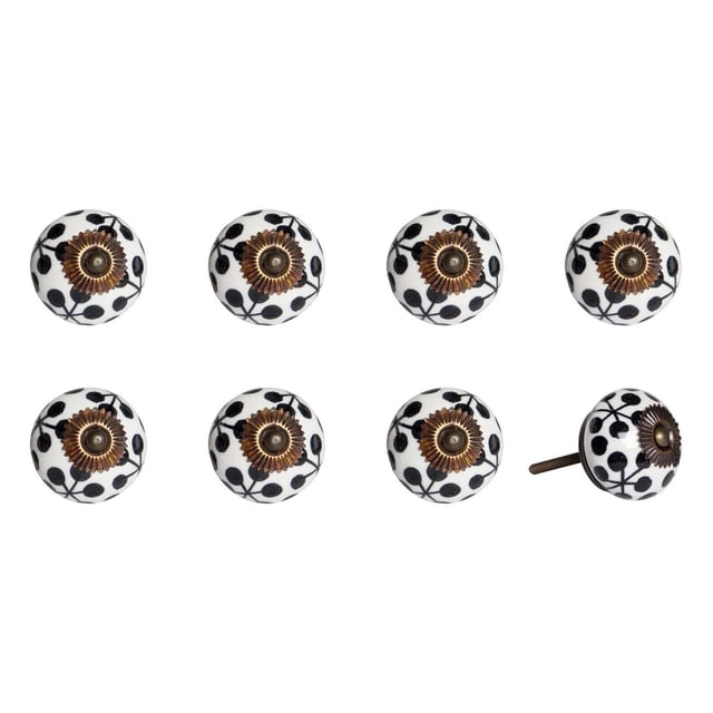 KNOB-IT Vintage Handpainted Ceramic Knobs 8 Pack with round white ceramic knobs featuring black leaf patterns and antique bronze metal centers, 1.5 inches diameter and 1.25-inch bolts, ideal for cabinet hardware and decorative furniture updates.