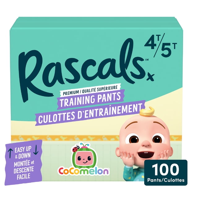Rascals CoComelon Absorbent Potty Training Pants, Size 4T-5T, 100 Count front-facing pack of toddler pullups featuring CoComelon JJ & friends print; absorbent Hydrolock Core, UltraFlex 360™ waistband with 15+ elastics, Easy Up & Down design and hypoallergenic AirSpun™ softness for potty training toddlers.