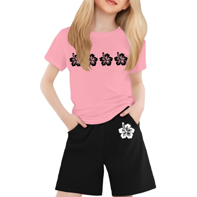 GDREDA Mini Ensemble Pantalon T-Shirt à Col Rond Imprimé à Manches Courtes pour Garçons et Filles Rose, 3-4 Ans