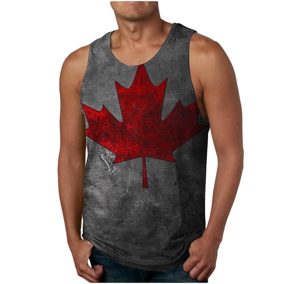 nerohusy Débardeur pour Homme Feuille d'Érable Fête du Canada T-Shirts Drapeau Canadien Col Rond Patriotique Sans Manches T-Shirt Moulant Hauts de Plage 2025 Gris Foncé,TG