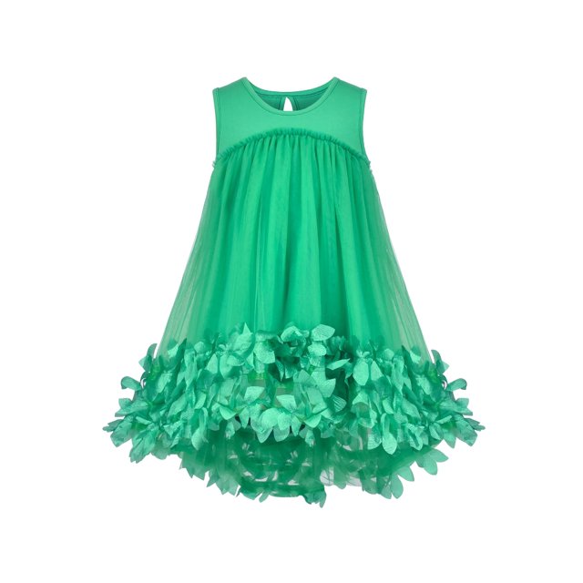 Robe Fille Verte Fleurs 3D Sans Manches Taille Libre Sac à Main 10 Ans