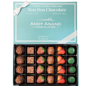 Andy Anand Chocolates 24 Piece Premium Bon Chocolat Collection Assortiment, Boîte-cadeau Truffes – Saveurs exotiques, crème de pistaches, menthe, Tiramisu et plus encore