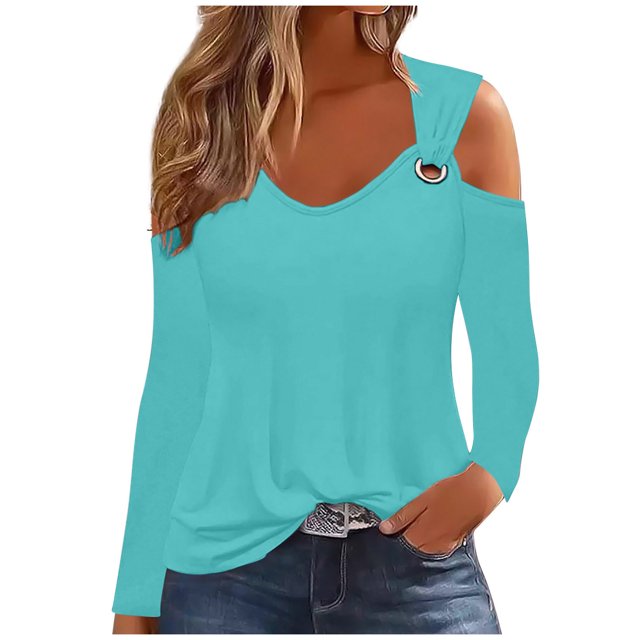 Yuyuzo Womens Tunic Tops Cold Shoulder Long Sleeve Shirts Loose Solid Color Lightweight Tee Tops